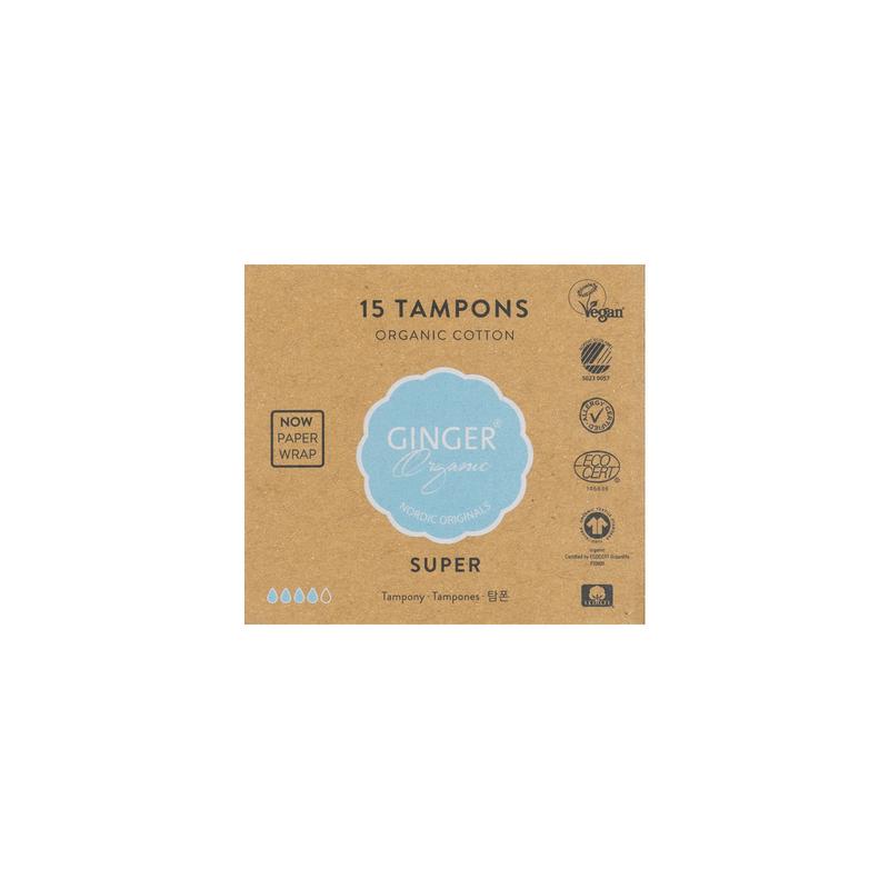 Organic Ginger Tampons super pack with 15 units, natural feminine hygiene product from Ginger Organic.
