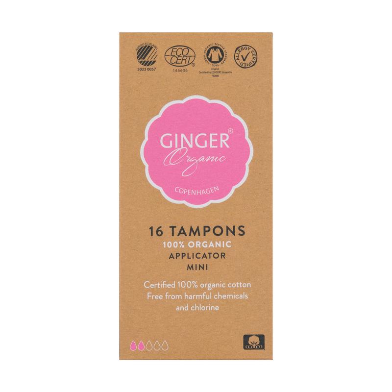 Organic Ginger Tampon mini with applicator, 16-pack, feminine hygiene product for women, discreet and comfortable.
