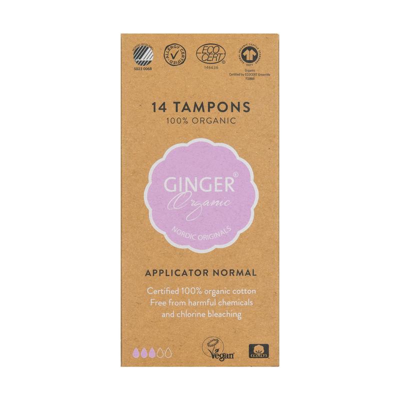 Box of Ginger Organic Tampons with applicators, normal absorbency, 14-pack, designed for women’s feminine hygiene.