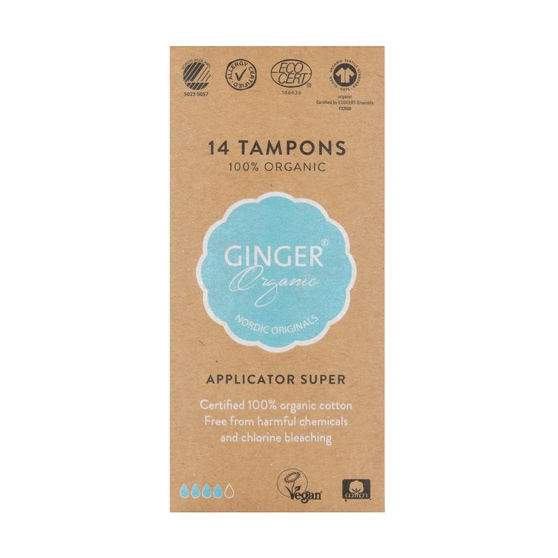 Organic Ginger Tampons with super applicator, 12-pack, for women’s menstrual hygiene, natural and eco-friendly feminine product.