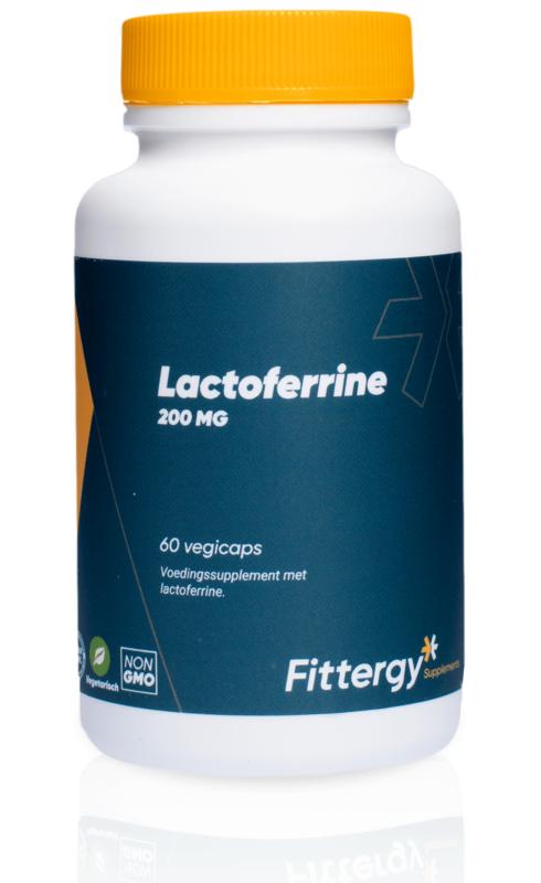 Fittergy Lactoferrine 200mg vegetarian capsules, mineral supplement in a bottle with 60 capsules on a white background.
