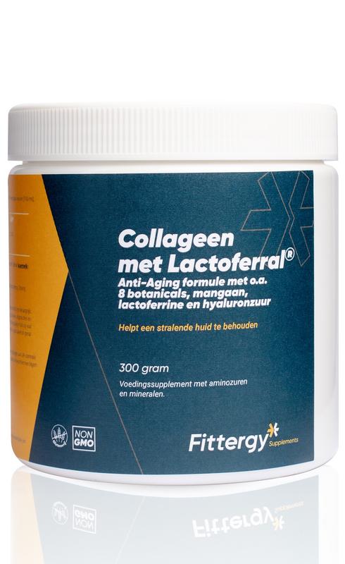 Fittergy Collageen met Lactoferral kruidenpreparaat in 300g container, showing the product packaging and label.