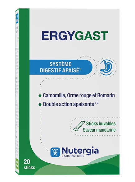 Nutergia Ergygast herbal supplement pack with 20 capsules, featuring natural herbal ingredients for digestive health.