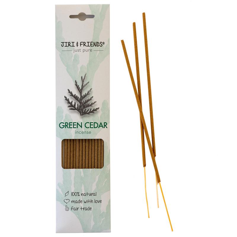 Jiri & Friends green cedar incense sticks, 15-pack, with natural green cedar scent, arranged in a box.