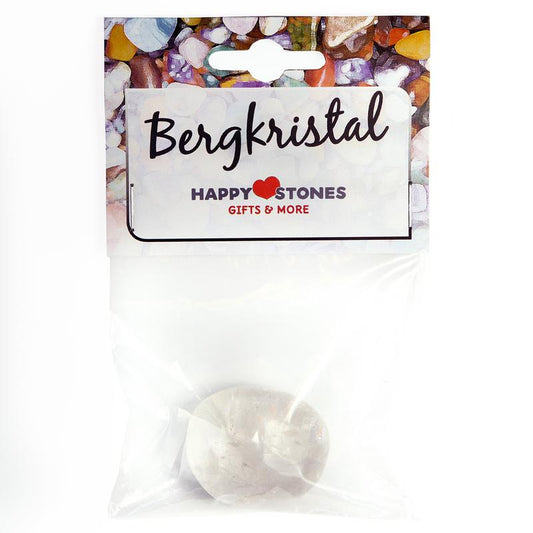 Happy Stones bergkristal steen, natural clear quartz crystal for healing and meditation, shown in close-up image.