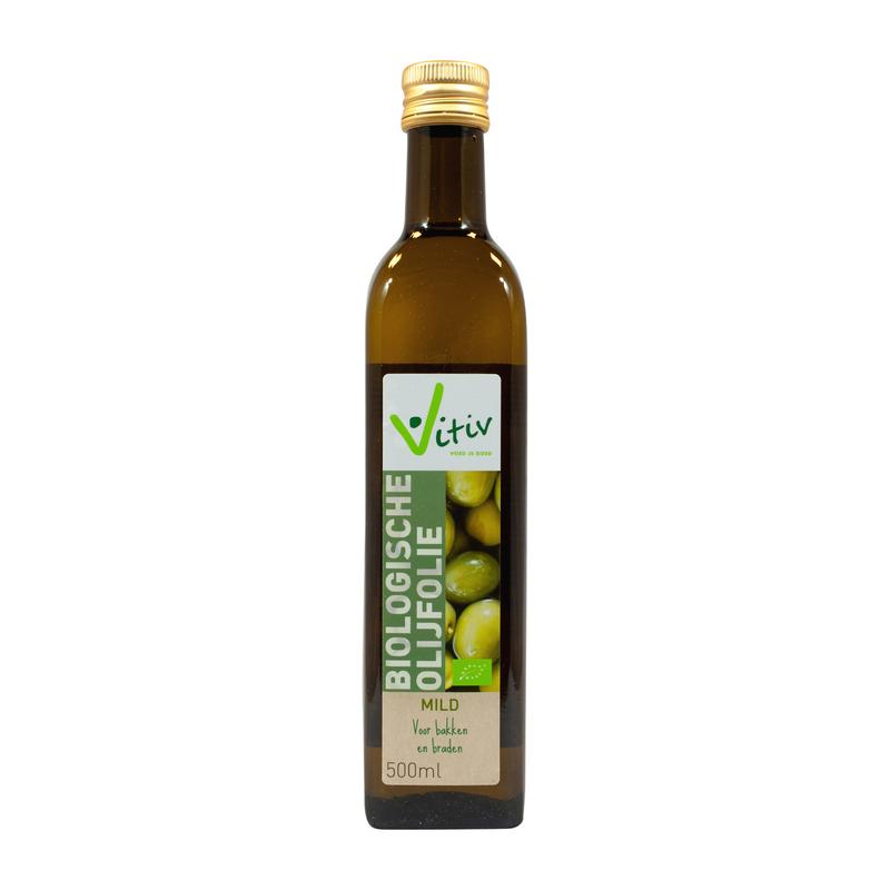Vitiv bio Olijfolie mild bakken en braden in 500 ml bottle, ideal for cooking and frying, natural olive oil product.