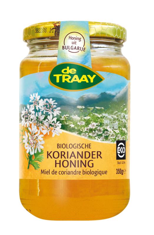 de Traay organic coriander honey jar with 350g label, showcasing golden honey inside a glass jar.