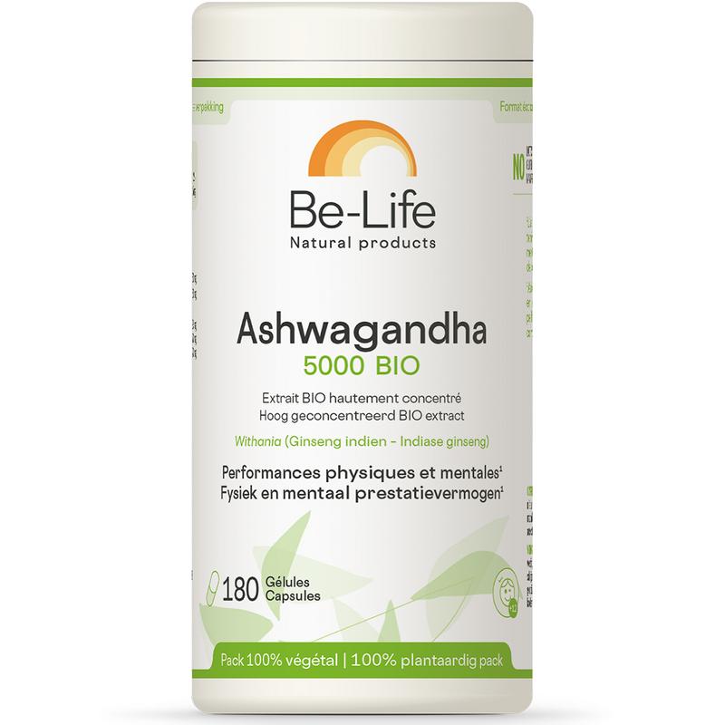 Be-Life Ashwagandha bio herbal supplement in a bottle of 180 capsules, showing the product label and capsules inside