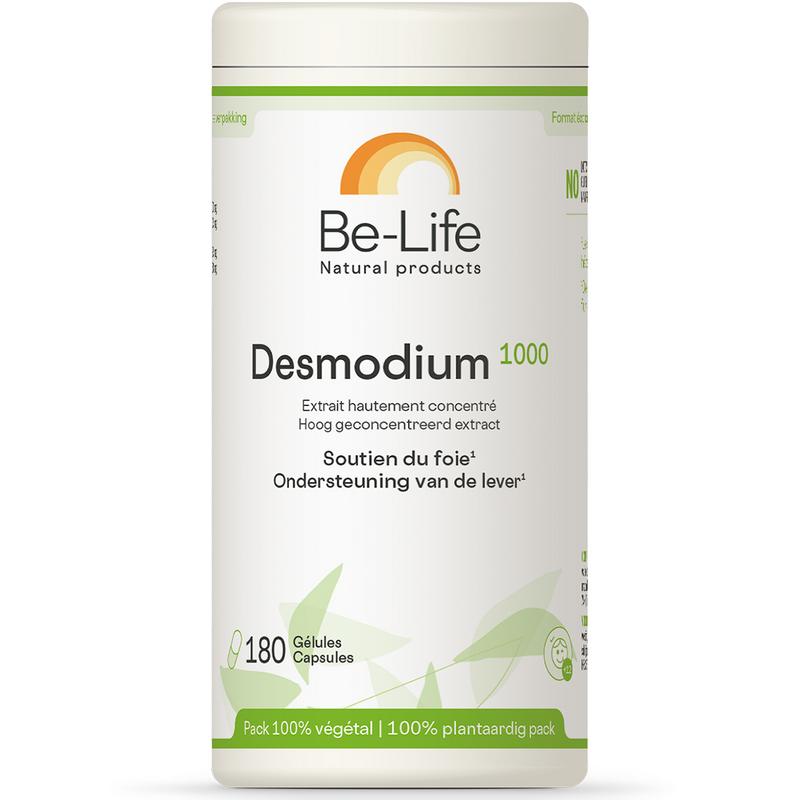 Be-Life Desmodium 1000 capsules, herbal supplement in a transparent bottle with white cap, displayed on a white background.