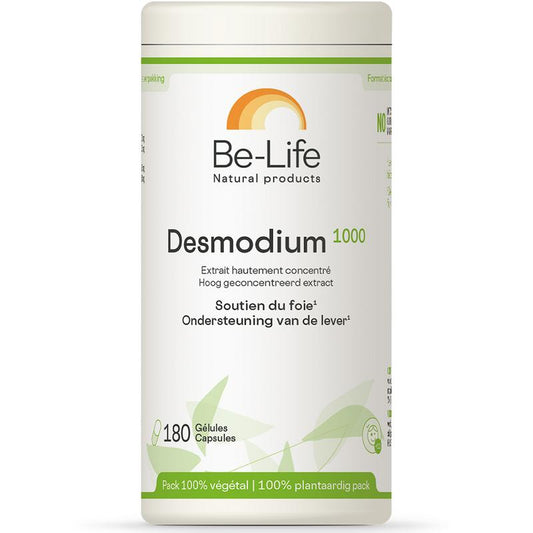 Be-Life Desmodium 1000 capsules, herbal supplement in a transparent bottle with white cap, displayed on a white background.