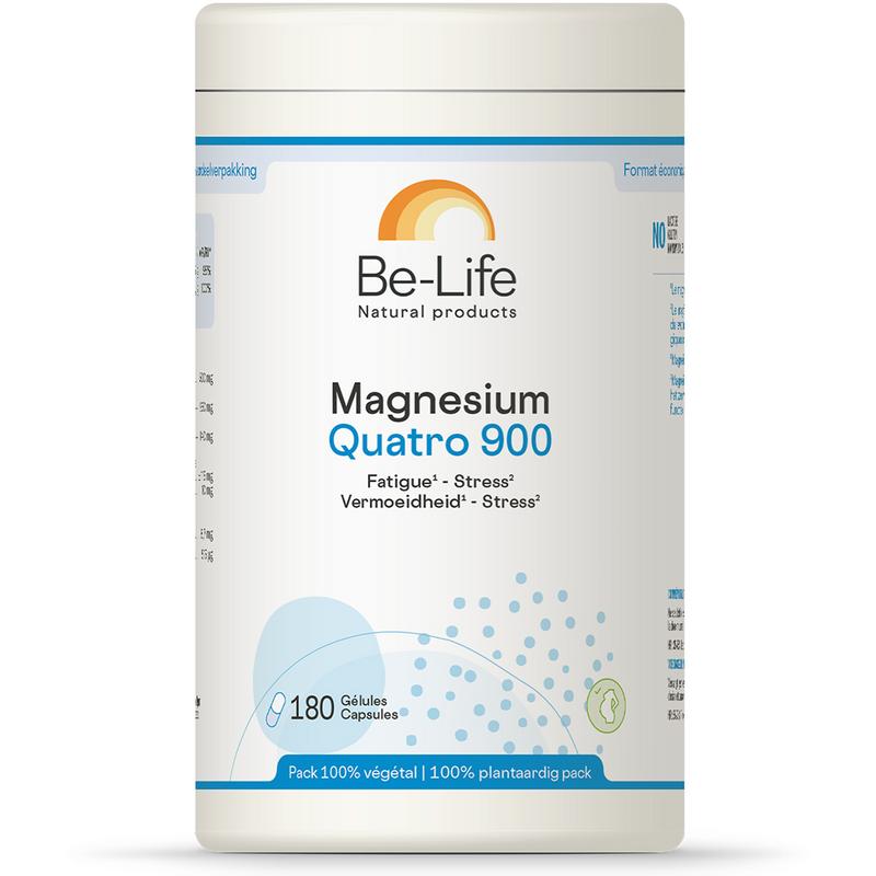 Be-Life Magnesium Quatro 900 mineral supplement capsules, showing a bottle of dietary magnesium capsules for overall health.