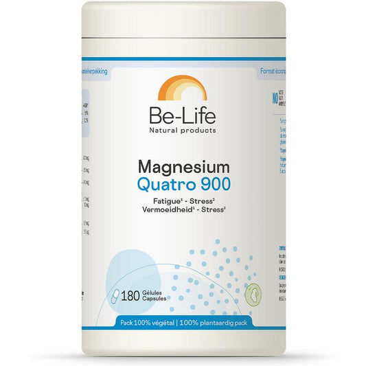 Be-Life Magnesium Quatro 900 mineral supplement capsules, showing a bottle of dietary magnesium capsules for overall health.