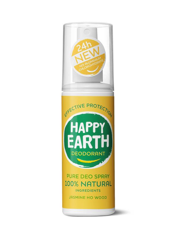Happy Earth jasmine and ho wood deodorant spray in a 100ml bottle, featuring a natural scent and fresh floral fragrance.