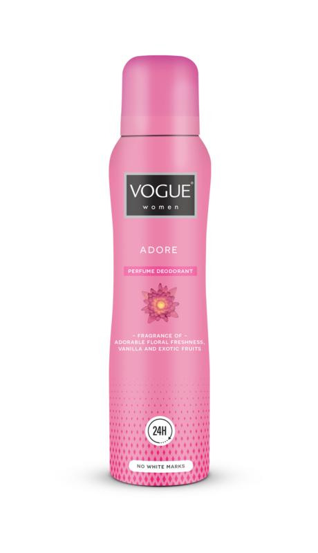 Vogue Deodorant women adore parfum in 150ml bottle, featuring sleek packaging and floral scent design.