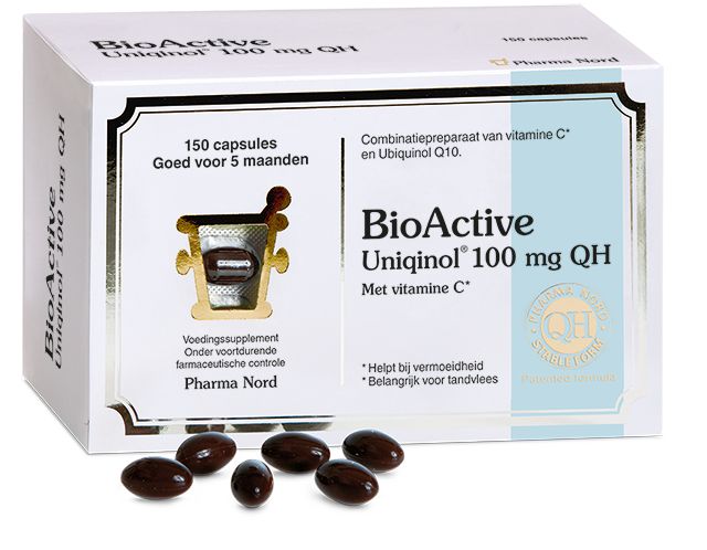 Pharma Nord Bio Active Ubiquinol Q10 100mg capsules, dietary supplement for energy support, with 150 softgel capsules in bottle.