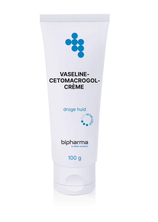 Bipharma Vaseline-Cetomacrogol crème in a 100g tube, a body care product for moisturizing and skin protection.