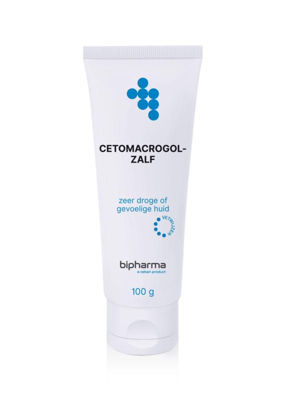 Bipharma Cetomacrogolzalf tube, 100g, moisturizing body cream for skin care, in a white tube with blue and red labeling.