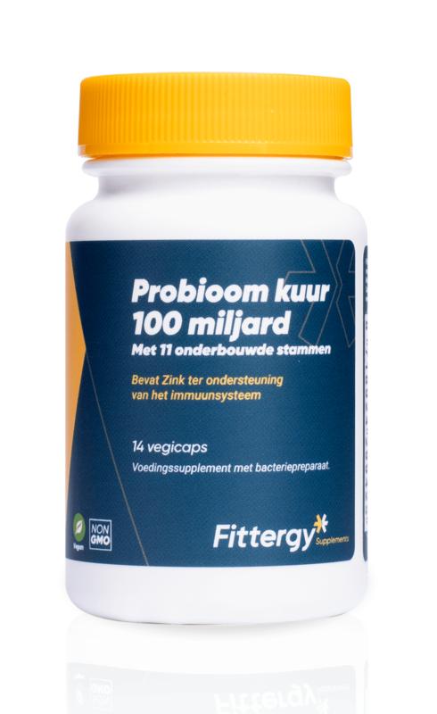 Fittergy Probioom kuur 100 miljard micro-organismen in 14 vegetarian capsules, dietary supplement for gut health.