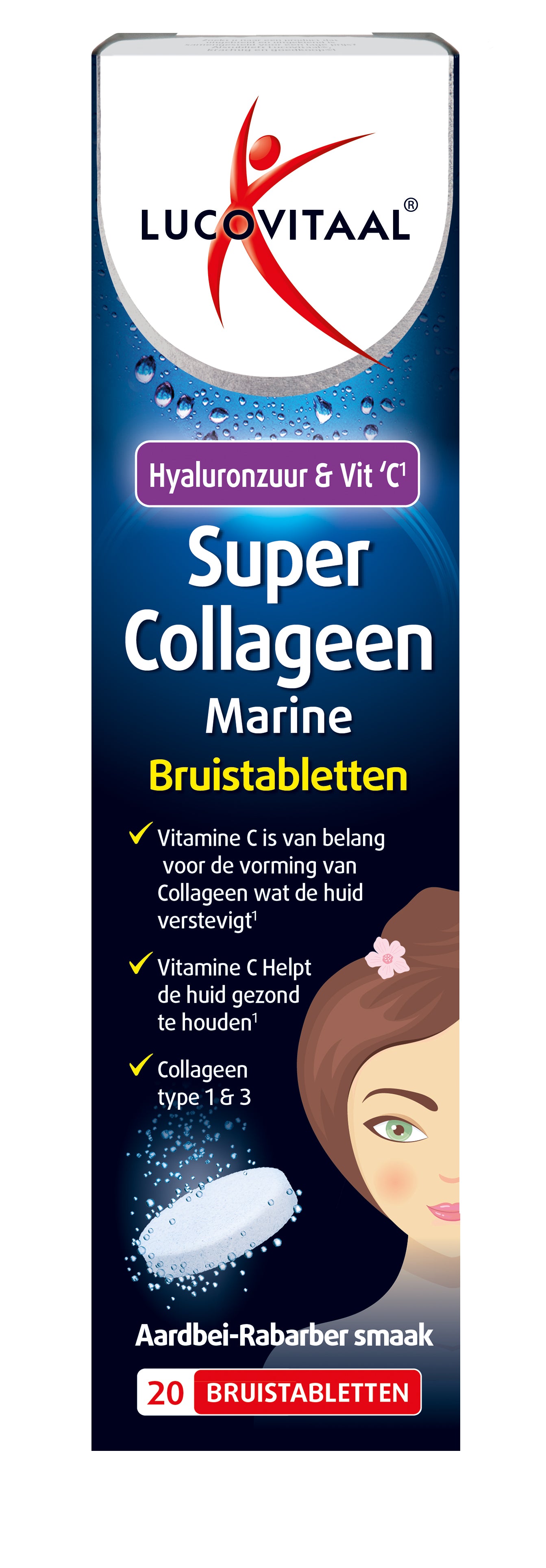 Lucovitaal Super Collageen bruistabletten, effervescent supplement with collagen, shown in a clear glass with tablets and packaging.