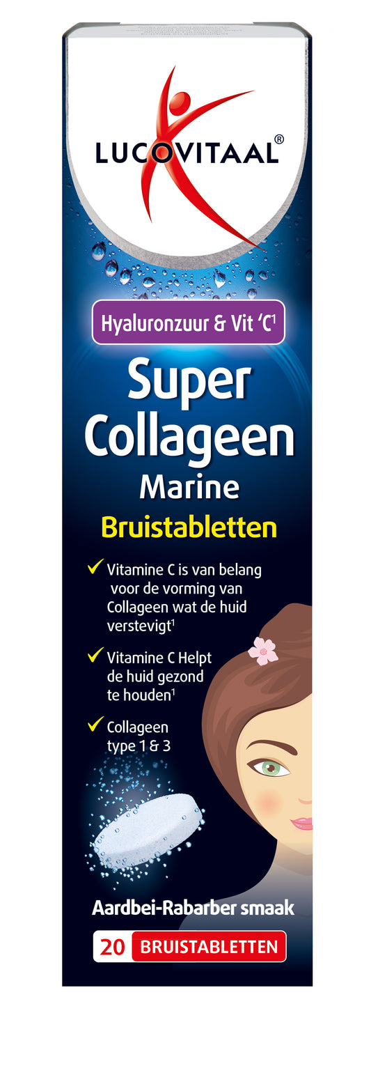 Lucovitaal Super Collageen bruistabletten, effervescent supplement with collagen, shown in a clear glass with tablets and packaging.