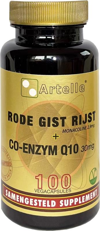Artelle Rode gist rijst capsules with Q10 and 30mg vegetarian herbal supplements in a clear container.