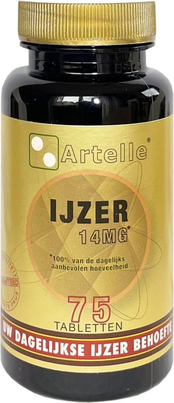 Artelle IJzer 14mg mineral supplement, 75 tablets, showing the bottle with tablets inside and packaging details.