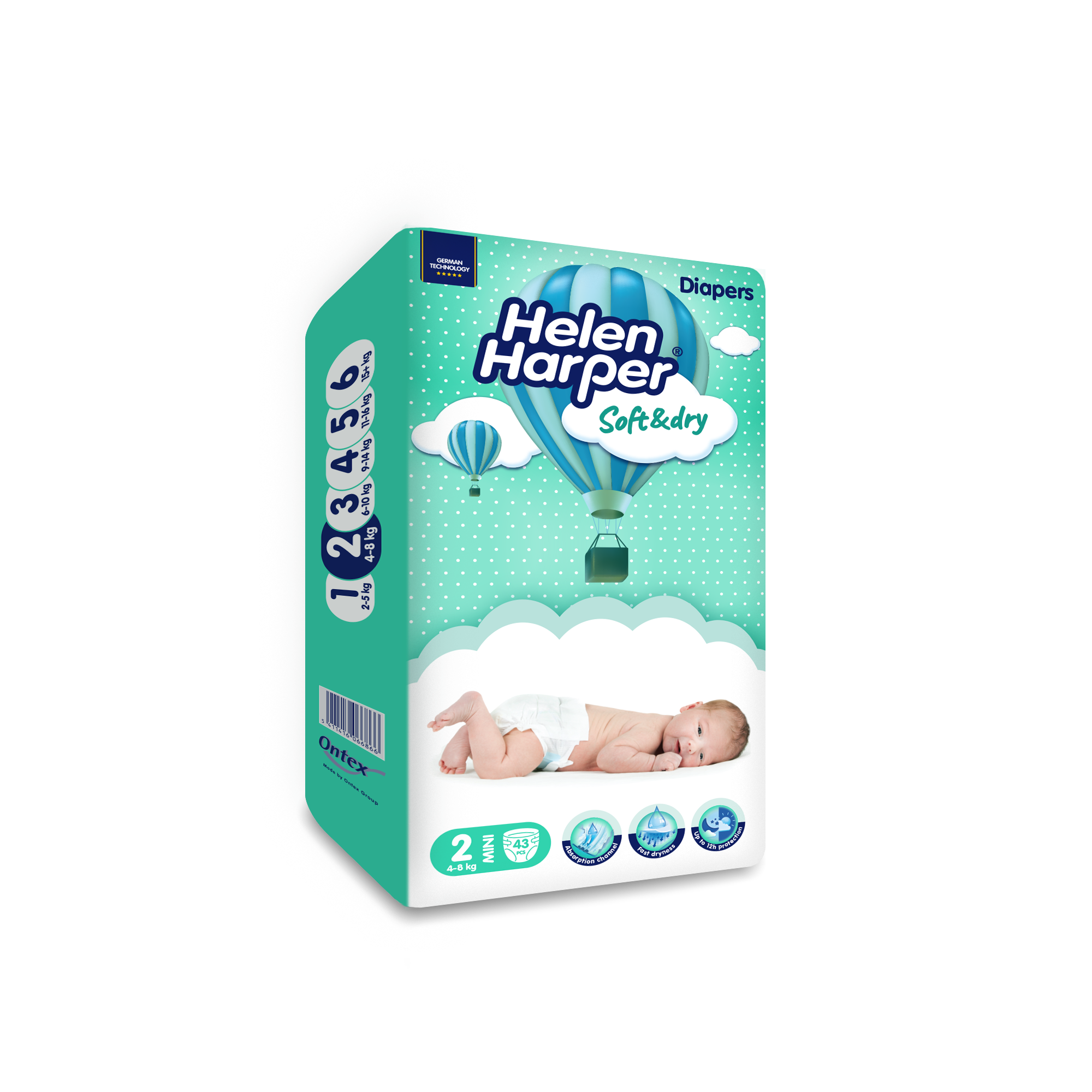Helen Harper Babyluiers mini diapers pack featuring 43 disposable baby diapers in a colorful packaging image.