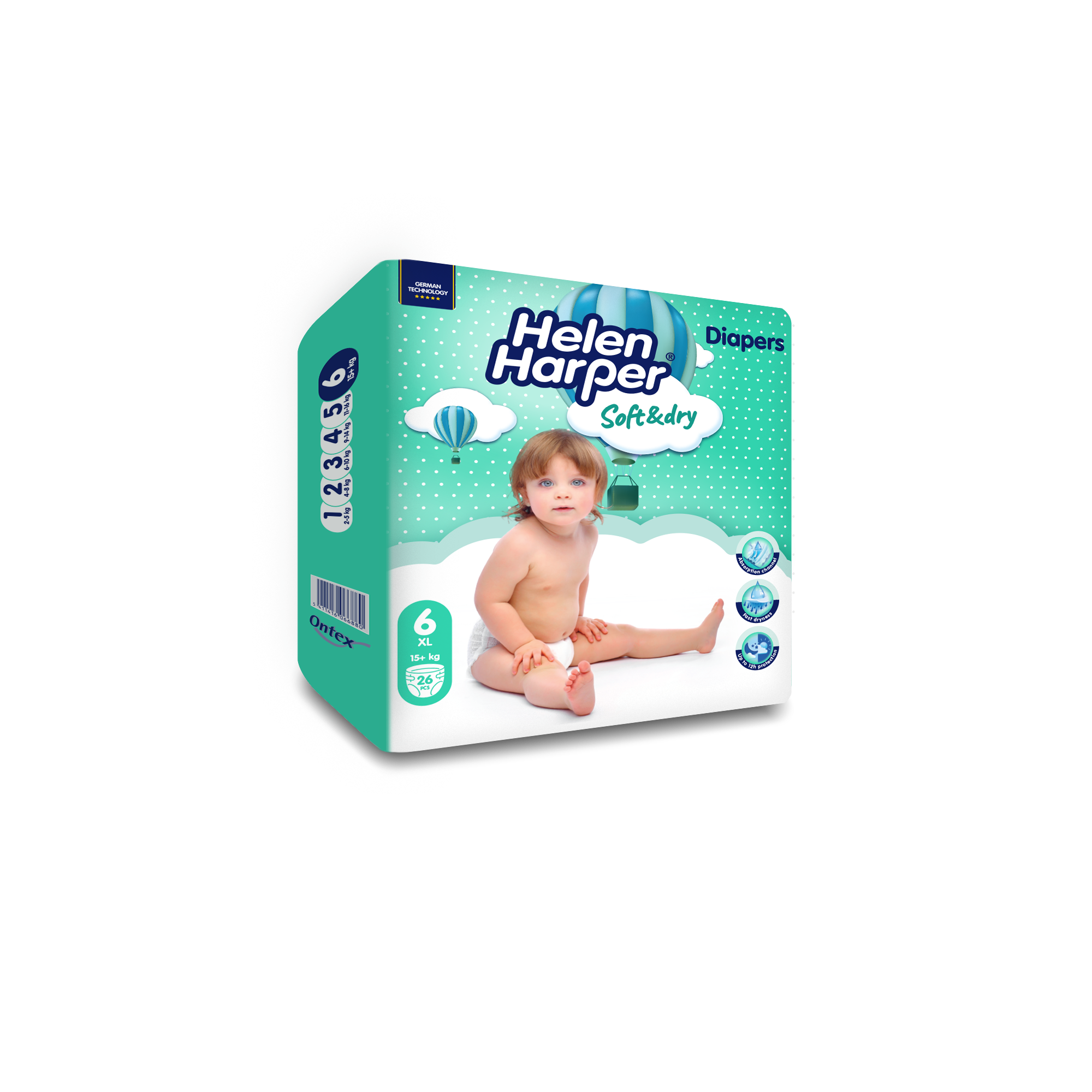 Helen Harper Babyluiers maat XL, pack of 26 disposable diapers, soft and absorbent baby nappies for infants.