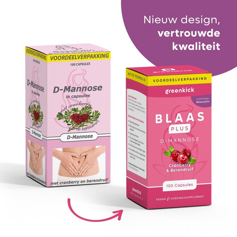 Greenkick D-Mannose capsules with cranberry and beredruif, herbal supplement in a bottle of 100 capsules.