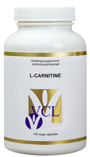Vital Cell Life L-Carnitine 415mg vegetarian capsules, supplement with amino acids, shown in clear container on white background.