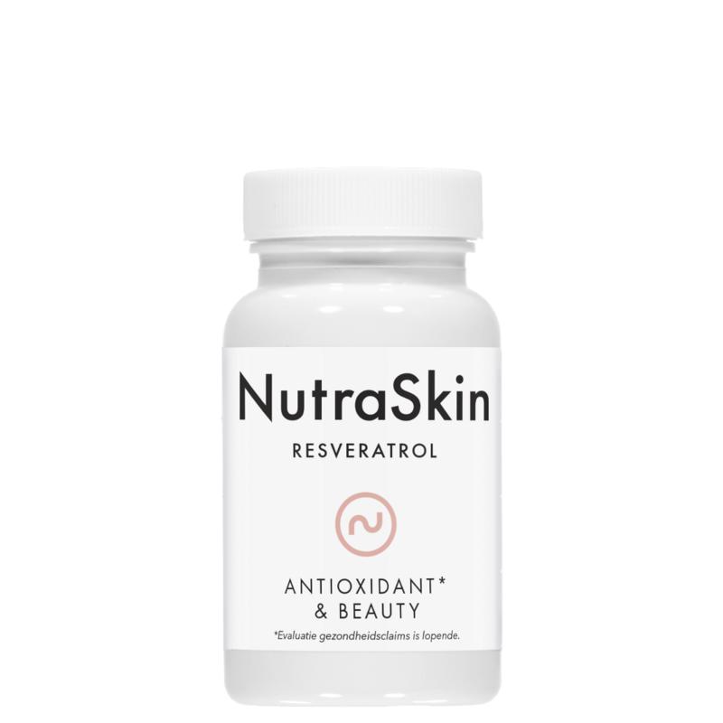Nutraskin Resveratrol vegetarian capsules in a bottle, herbal supplement for health and wellness, shown in the image.