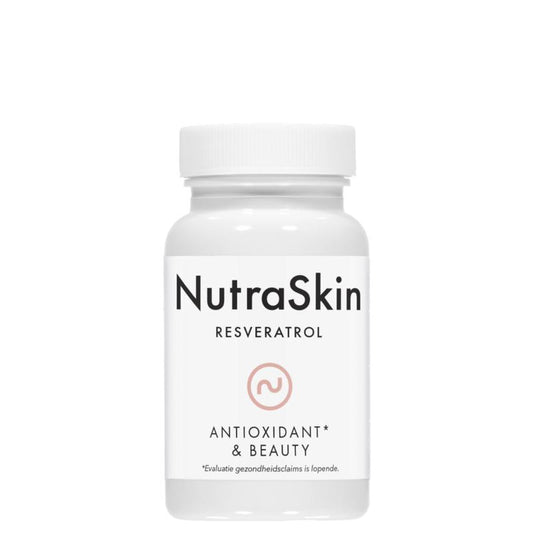 Nutraskin Resveratrol vegetarian capsules in a bottle, herbal supplement for health and wellness, shown in the image.