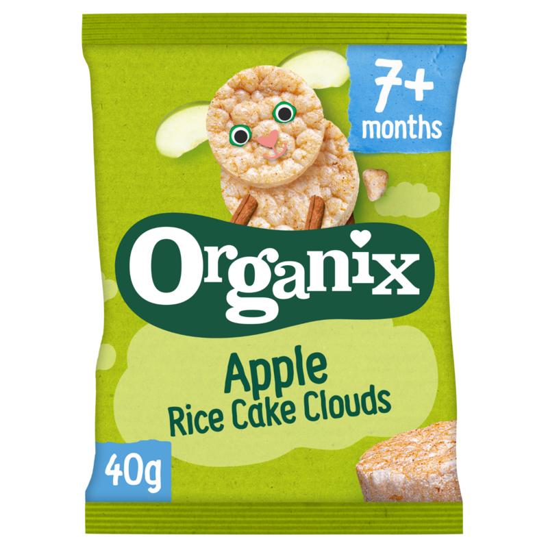 Organic Organix airy rice waffles with apple for babies 7 months and older, 40g, in a natural, crunchy snack form.
