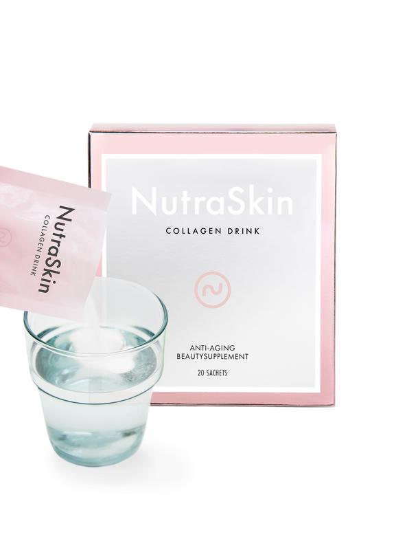 Nutraskin Collagen drink sachets, herbal supplement by Nutraskin, showing 20 sachets in the package.