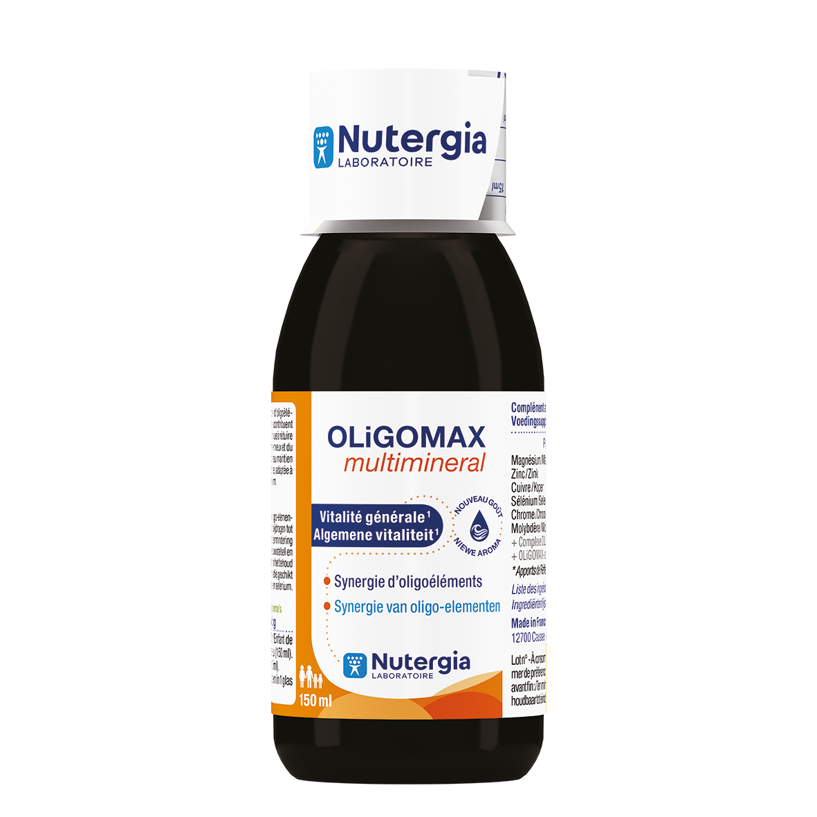 Nutergia Oligomax multimineral supplement bottle showing the label and 150ml capacity for mineral support.
