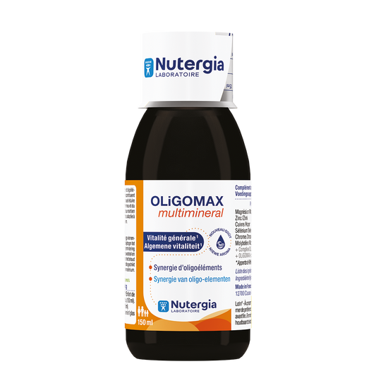 Nutergia Oligomax mineral multivitamin bottle with 150ml liquid supplement, featuring a clear label and cap.