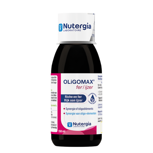 Nutergia Oligomax mineral supplement bottle showing the label and 150ml volume for iron and mineral support.