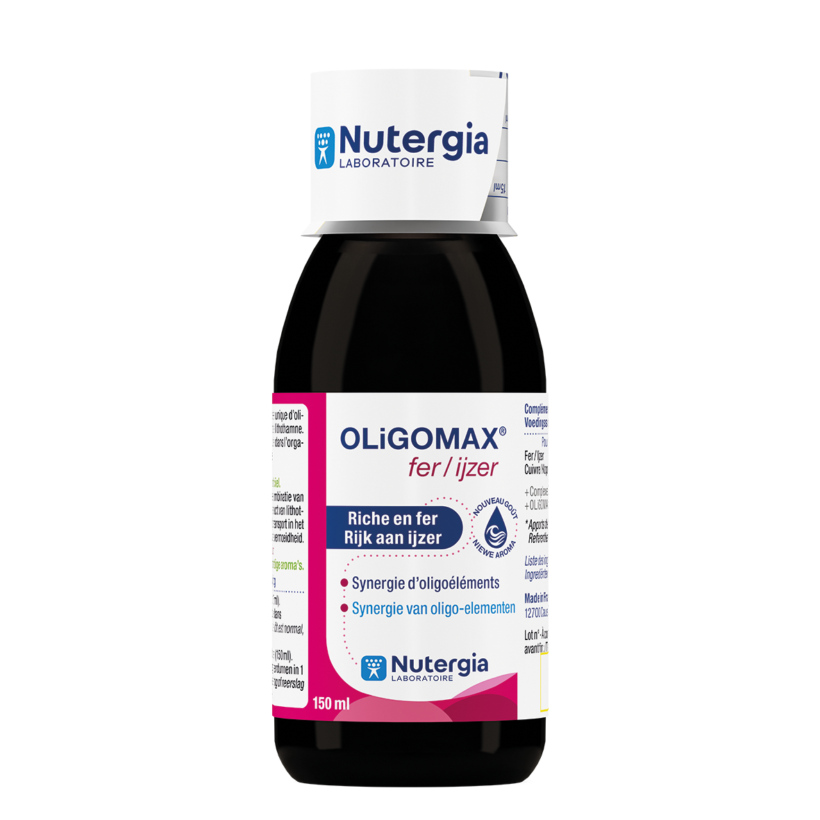 Nutergia Oligomax mineral supplement in 150ml bottle, featuring liquid iron and minerals for nutritional support.