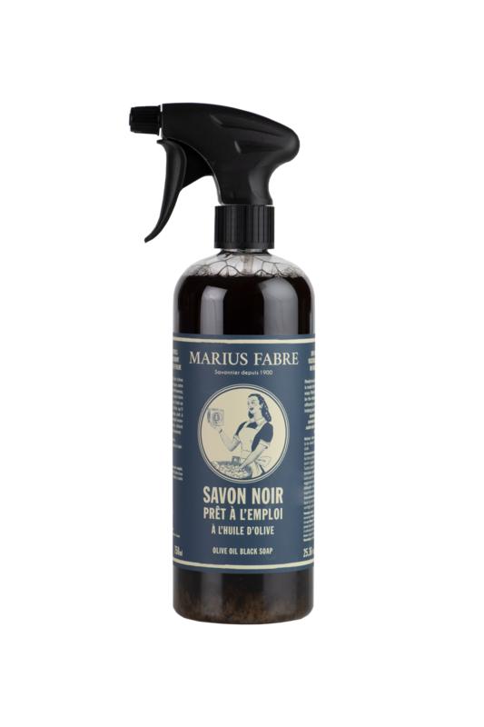 Marius Fabre Savon Noir zwarte zeep spray in 750ml bottle, natural cleaning product for versatile household use.