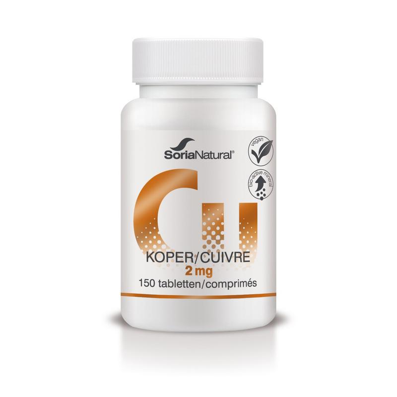 Soria Natural Koper 2mg bio-actief mineral supplement tablets, showing a close-up of the blister pack with tablets.