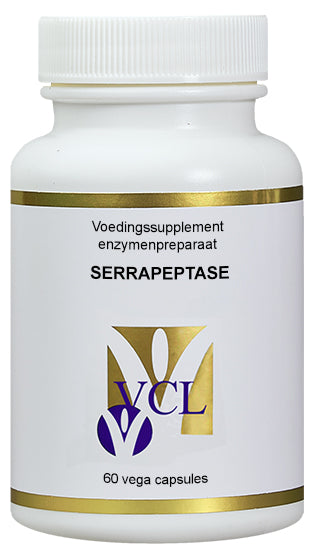 Vital Cell Life Serrapeptase vegetarian capsules, dietary supplement with enzymes, shown in a close-up image.