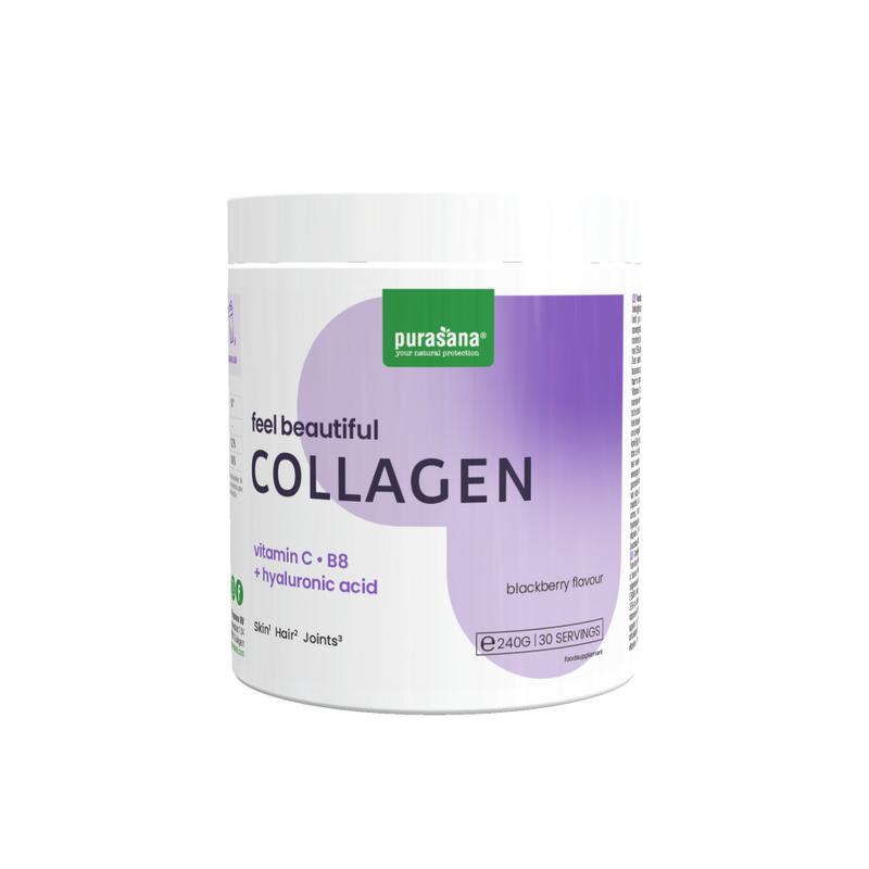 Purasana Collageen + Hyaluron braambes herbal supplement in a 240g jar with fresh berries and herbs
