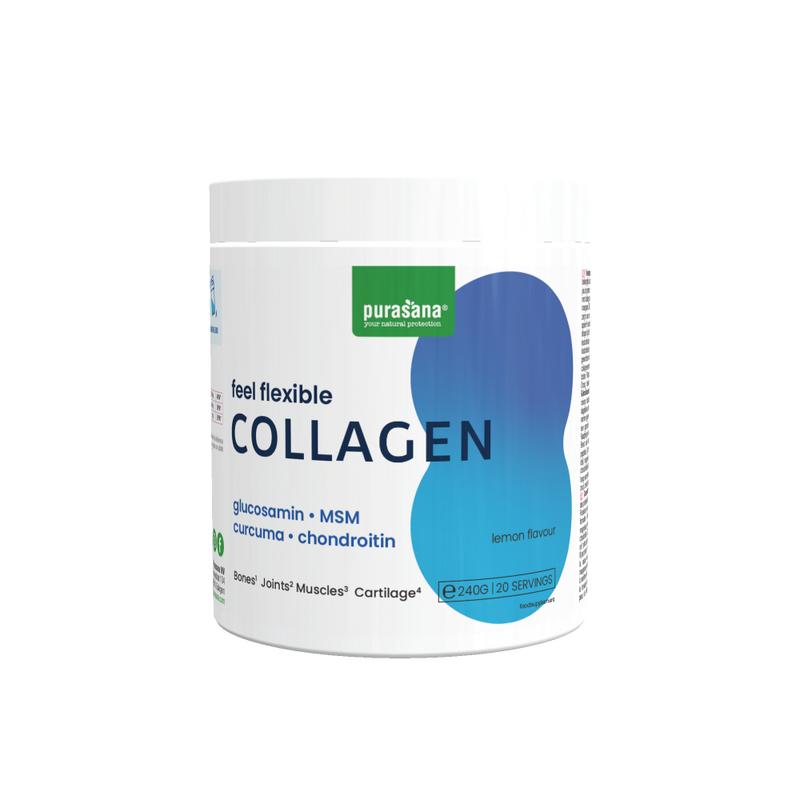 Purasana Feel Flexible Collagen MSM Kurkuma Glucosamine mineral supplement packaging, 240 grams, with natural ingredients and health benefits
