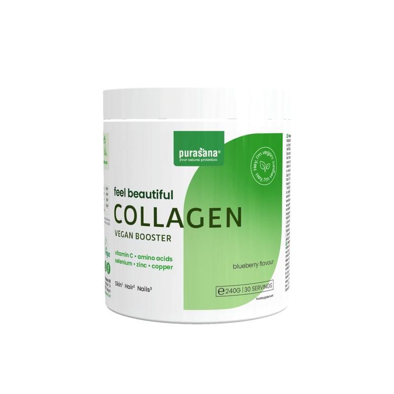 Purasana Vegan Collagen Booster with Blueberry, 240g, amino acids supplement in a clear container showing blue berries and supplement powder.