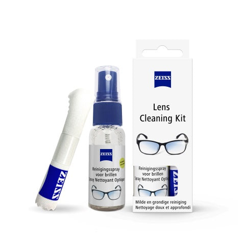 ZEISS Lens cleaning kit set with cleaning solution and cloth for optical lenses, ideal for camera and eyeglass maintenance.