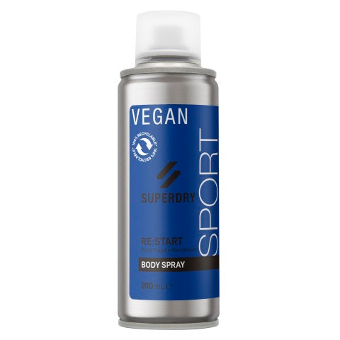 Superdry Sport Re:start men's body spray 200ml bottle, featuring sleek packaging and the Superdry Sport branding.