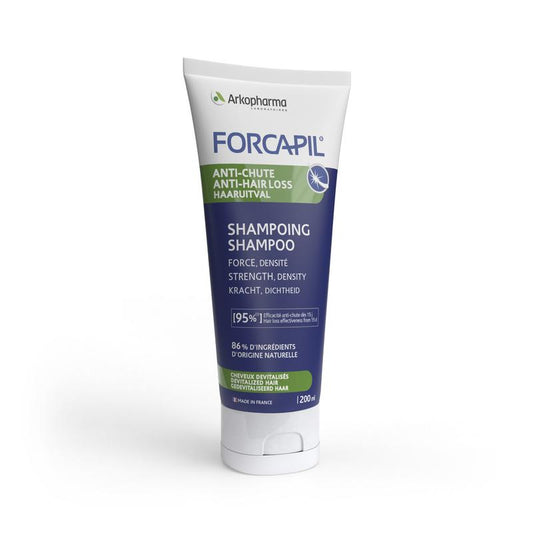 Forcapil shampoo for hair loss, 200ml, nourishing hair care product with natural ingredients for strengthening hair.