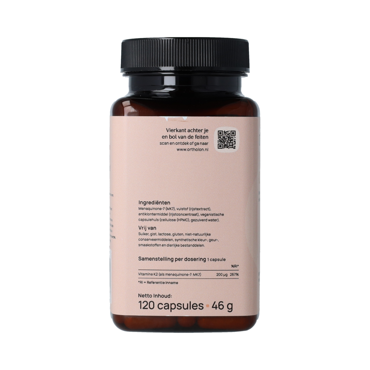 Ortholon Vitamin K2 capsules in a bottle, dietary supplement for bone and cardiovascular health.
