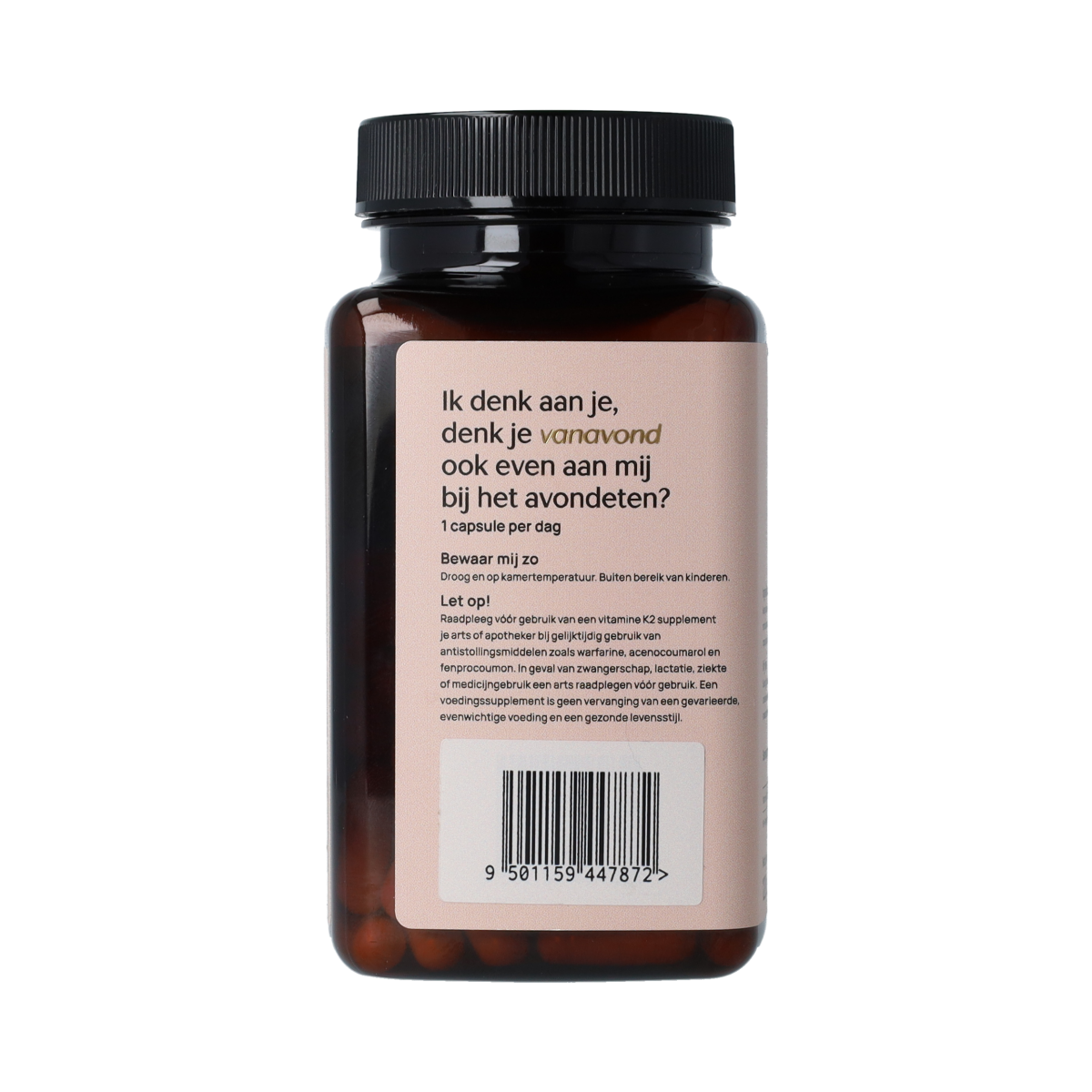 Ortholon Vitamin K2 capsules in a bottle, dietary supplement for bone and cardiovascular health.