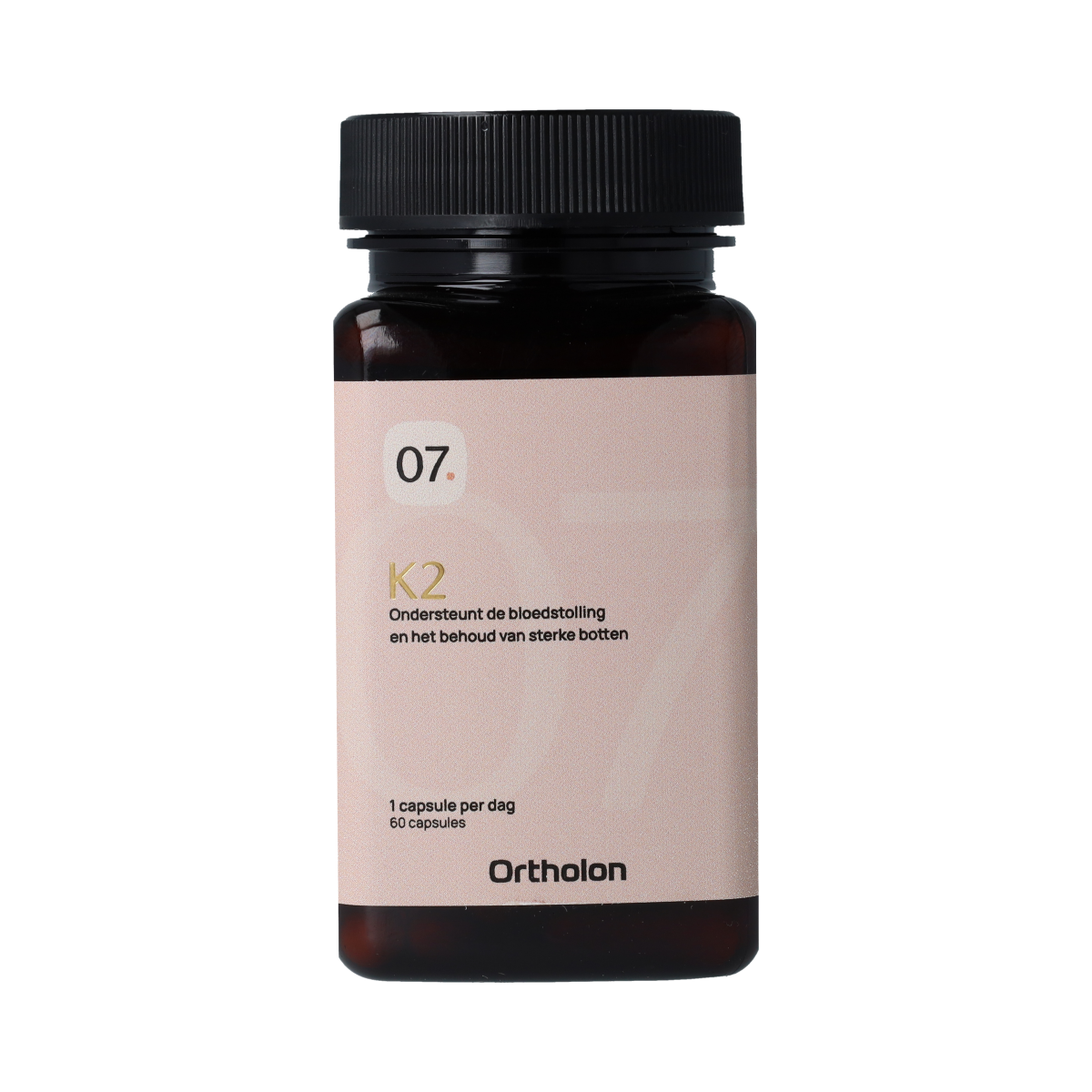 Ortholon Vitamin K2 capsules in a bottle, dietary supplement for bone and cardiovascular health.